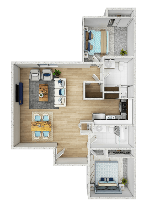 A top-down view of a small apartment with a living room, kitchen, and bedroom.